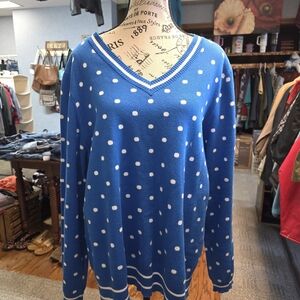 Liz Claiborne Blue and White Polka Dot V-Neck Sweater